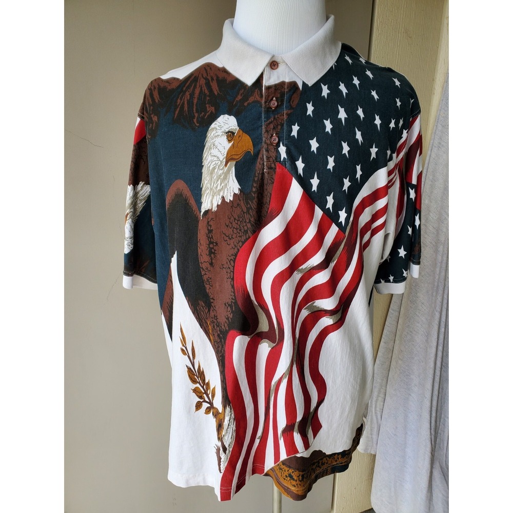Cotton Traders Sport‎ Polo Shirt Mens XXL USA Flag Bald Eagle Mountains AOP